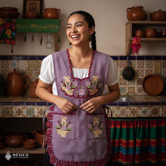 Reddish Mexican Embroidered Smock Apron – Floral Traditional Design for Women - Picture 1 of 8